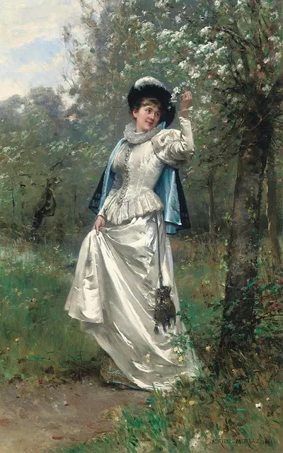 Beneath the cherry blossom by Adrien Moreau, 1881 — digital art print download