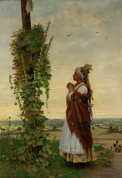 Village girl at a wayside shrine by Antoni Kozakiewicz, 1894 — digital art print download