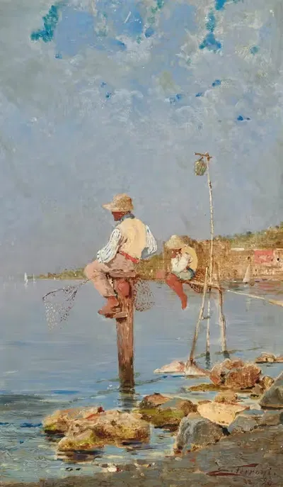 Мальчики, ловящие рыбу на итальянском побережье by Эгисто Феррони, 1893 — digital art print download