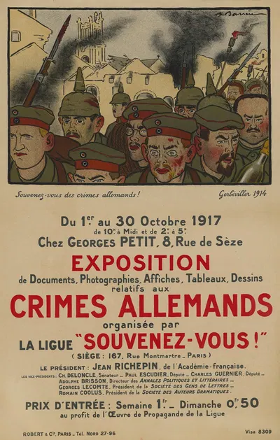 Souvenez-vous des crimes allemands. Exposition du 1er au 30 octobre 1917 by Adrien Barrère, 1917 — digital art print download