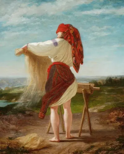 Peasant woman breaking flax by Henryk Rodakowski, 1859 — digital art print download