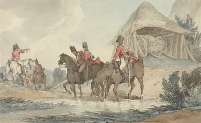 Cavalrymen Passing Through a Stream, Being Mustered by a Trumpeter by John Augustus Atkinson — digital art print download