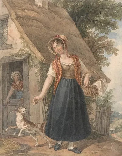 Young Woman with Dog Outside a Cottage Doorway by John Augustus Atkinson — digital art print download