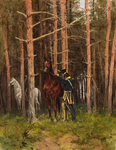 В лесу (пост уланов) by Юлиан Фалат, 1884 — digital art print download