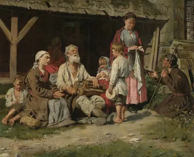 Жанровая сцена – игрок на органе перед коттеджем by Казимир Похвальский, 1887 — digital art print download