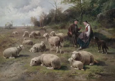 Пара пастухов с стадом на пастбище by Корнелиус ван Лемпуттен — digital art print download