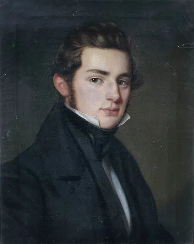 Bildnis eines jungen Herrn in schwarzem Gehrock in Dreiviertelansicht nach rechts. by Franz Seraph Stirnbrand, 1834 —…