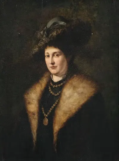 Bildnis einer Dame in dunklem Kleid mit pelzbesetztem Mantel by Julius Victor Carstens, 1878 — digital art print download