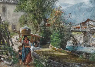 Женщина-стирка в горах by Пауль Фридрих Мейерхейм, 1880 — digital art print download