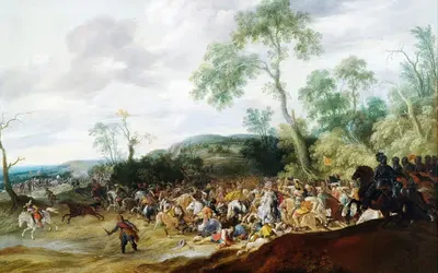 Schlachtengetümmel in weiter hügeliger Landschaft by Pauwels van Hillegaert — digital art print download