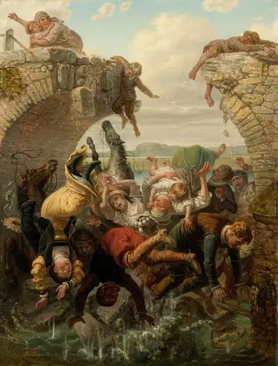 The Bridge at Nya Lödöse Collapsing into the River Säve in 1543 by Gustaf Henrik Brusewitz, 1884 — digital art print download