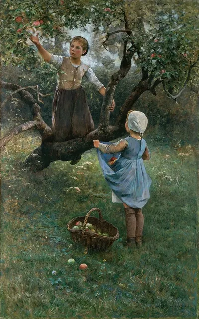 Девушки, собирающие фрукты by Хуго Сальмсон — digital art print download