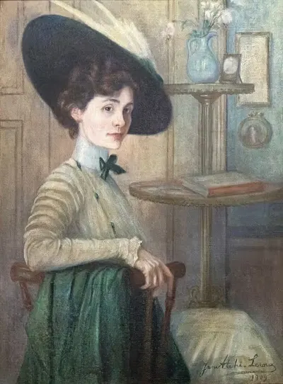 Self-portrait with a green hat by Jane Atché, 1909 — digital art print download