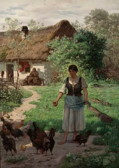 Деревенская девушка, кормящая кур by Александр Мрочковский, 1888 — digital art print download