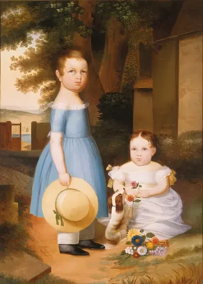 Two Sisters with Puppy and Flowers by Arthur Armstrong, 1842 — digital art print download