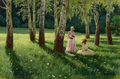 Две женщины в рощице by Евгений Вжешчик, 1886 — digital art print download