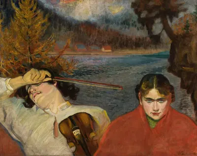 Скрипач – символическая сцена на фоне пейзажа by Фридерик Паутш, 1911 — digital art print download