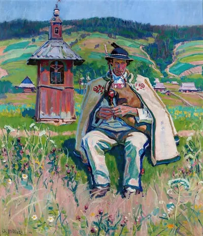 Горец с бандурой на фоне пейзажа by Густав Пиллати — digital art print download