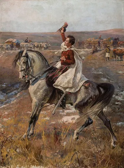 Portrait of Petőfi on horseback with a line of carts in the background by Jan Styka — digital art print download