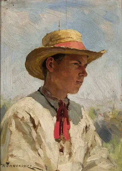 Study of a young boy in a straw hat by Mikołaj K. Pimonienko, 1905-1907 — digital art print download