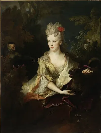Портрет дамы с собакой и обезьяной by Николас де Ларжильер, 1700-1710 — digital art print download