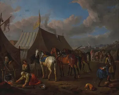 Сцена лагеря с женщиной у костра слева by Питер ван Блоемен, 1697 — digital art print download