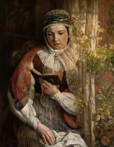 Женщина в народном костюме, читающая книгу by Сигмунд Соколовский — digital art print download