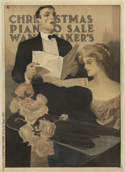 Christmas piano sale Wanamaker's by Etablissements Minot, 1908 — digital art print download
