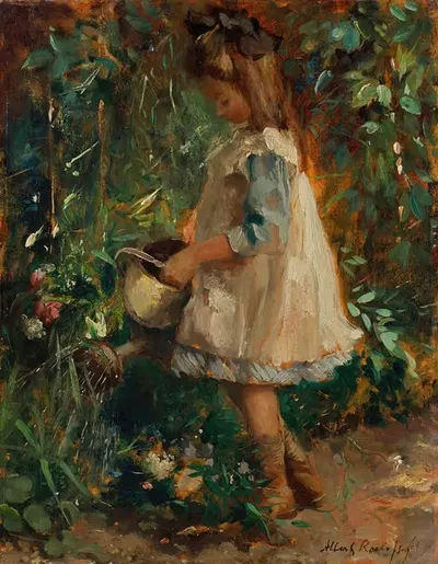Дочь художника Альбертин в саду, поливающая цветы by Альберт Роэлофс, 1911 — digital art print download