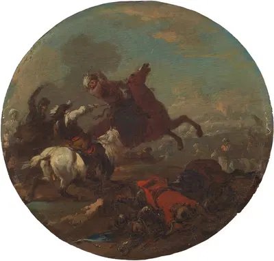 A battle scene with fallen soldiers by August Querfurt — digital art print download