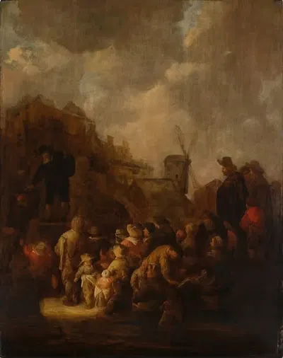 A peddler before a crowd of villagers in a town square by Benjamin Gerritsz. Cuyp — digital art print download