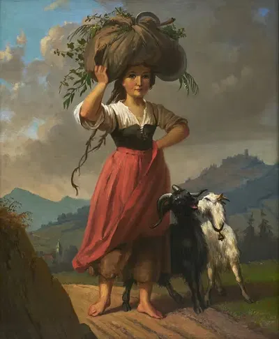 Крестьянская девушка с двумя козами, несущая связку сена by Доминик Вебер — digital art print download