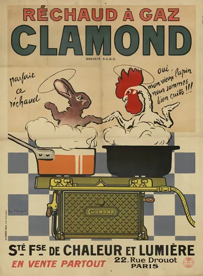 Réchaud à gaz Clamond. Société française de chaleur et lumière, 22, rue Drouot, Paris. lapin, coq by Жорж Мёнье, 1900-1920…