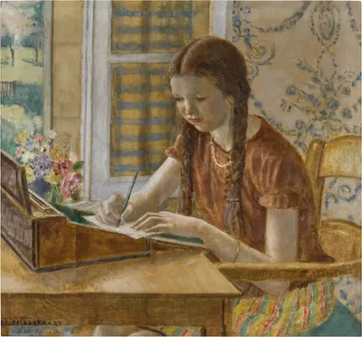 Девушка за письменным столом by Фредерик Карл Фризеке, 1927 — digital art print download