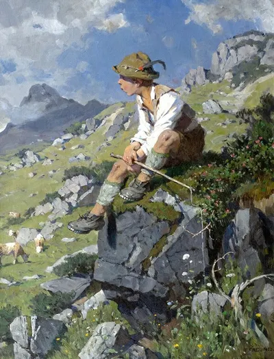 Мальчик с шляпой в баварских горах by Фриц Фройнд — digital art print download