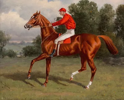 Chestnut racehorse, possibly Chaos, winner of the Second Futurity Stakes, with jockey up by Henry Stull, 1889 — digital art…