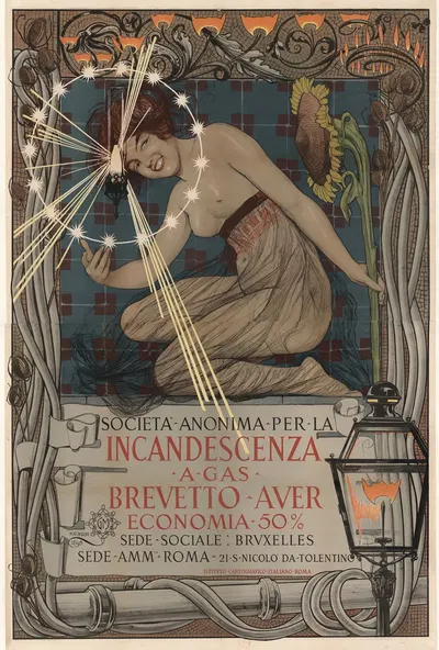 Societa anonima per la incandescenza a gas brevetto Auer economia 50 % by Giovanni Mataloni, 1895 — digital art print…