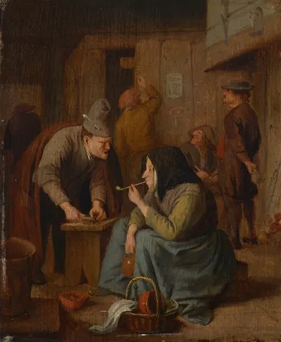 A tavern interior with a woman smoking a pipe and a man cutting tobacco by Jan Steen — digital art print download