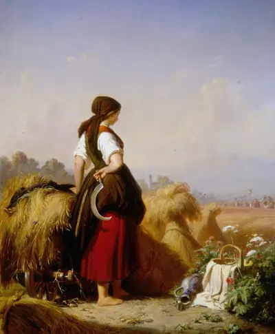 Schnitterin bei den Garben stehend, schaut nach einem aus der Kirche heimkehrenden Hochzeitszuge by Julius Köckert, 1856 —…