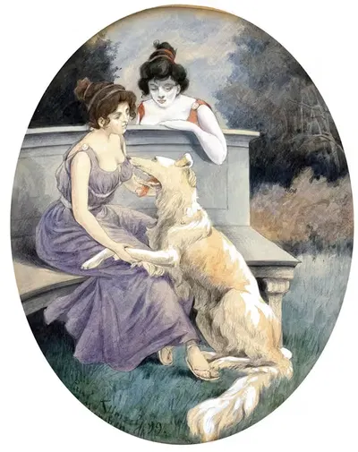 Zwei Damen mit Windhund auf einer Parkbank by Paul Klimsch, 1899 — digital art print download