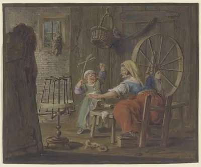 Старая женщина прячет пряжу, рядом с ней ребёнок с птицей by Питер Бартоломеус Барбиерс — digital art print download