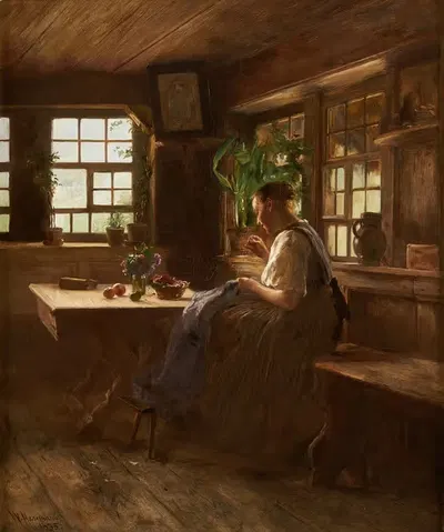 Gutach Girl in a Sitting Room, Sewing by Wilhelm Gustav Friedrich Hasemann, 1885 — digital art print download