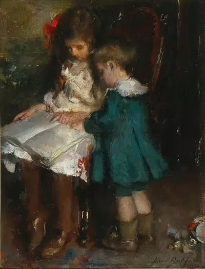 Урок чтения, двое братьев и сестер by Альберт Роэлофс, 1910 — digital art print download