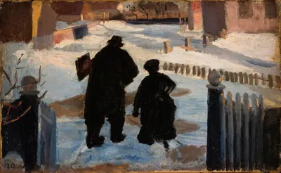 Michael Ancher on his way to his studio accompanied by the organist Helene Christensen by Anna Ancher, 1888 — digital art…