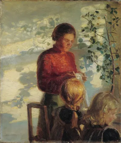 Two little girls being taught how to sew by Anna Ancher — digital art print download