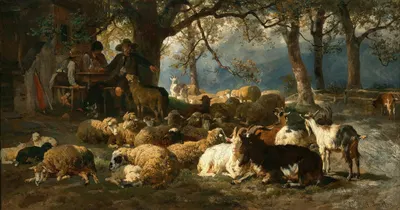 Пастух с скотом, отдыхающий в полдень by Антон Брайт, 1874 — digital art print download