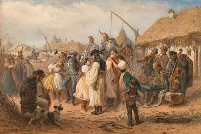 В венгерской пустыне, солдаты и девушки танцуют by Карл Гёбель — digital art print download