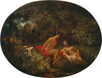 Женщины, купающиеся у лесного пруда by Карл Спицвег — digital art print download