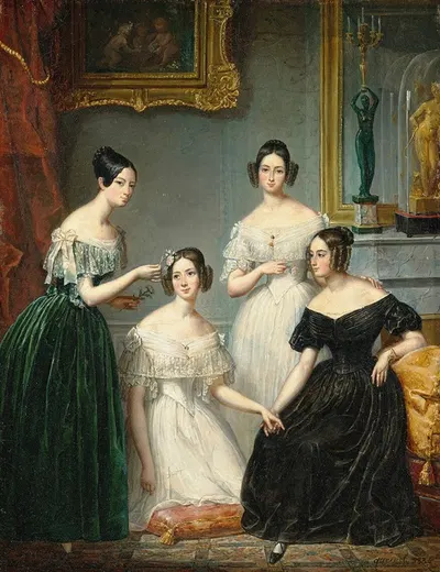 Групповой портрет четырех молодых дам в интерьере by Франсуа Кеснель, 1836 — digital art print download