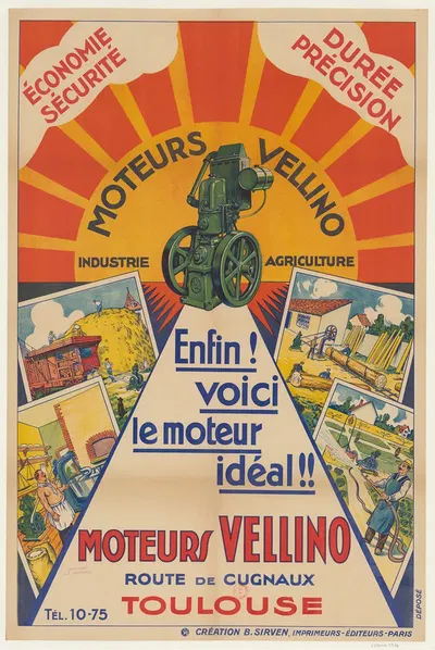 Economie, sécurité… Durée, précision. Moteurs Vellino, industrie, agriculture by Imp. B. Sirven, 1930 — digital art print…